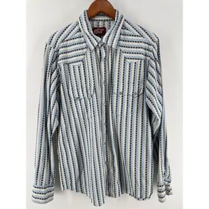 Vintage Red Western Pearl Snap Shirt Mens Large Blue White Striped 100% Cotton